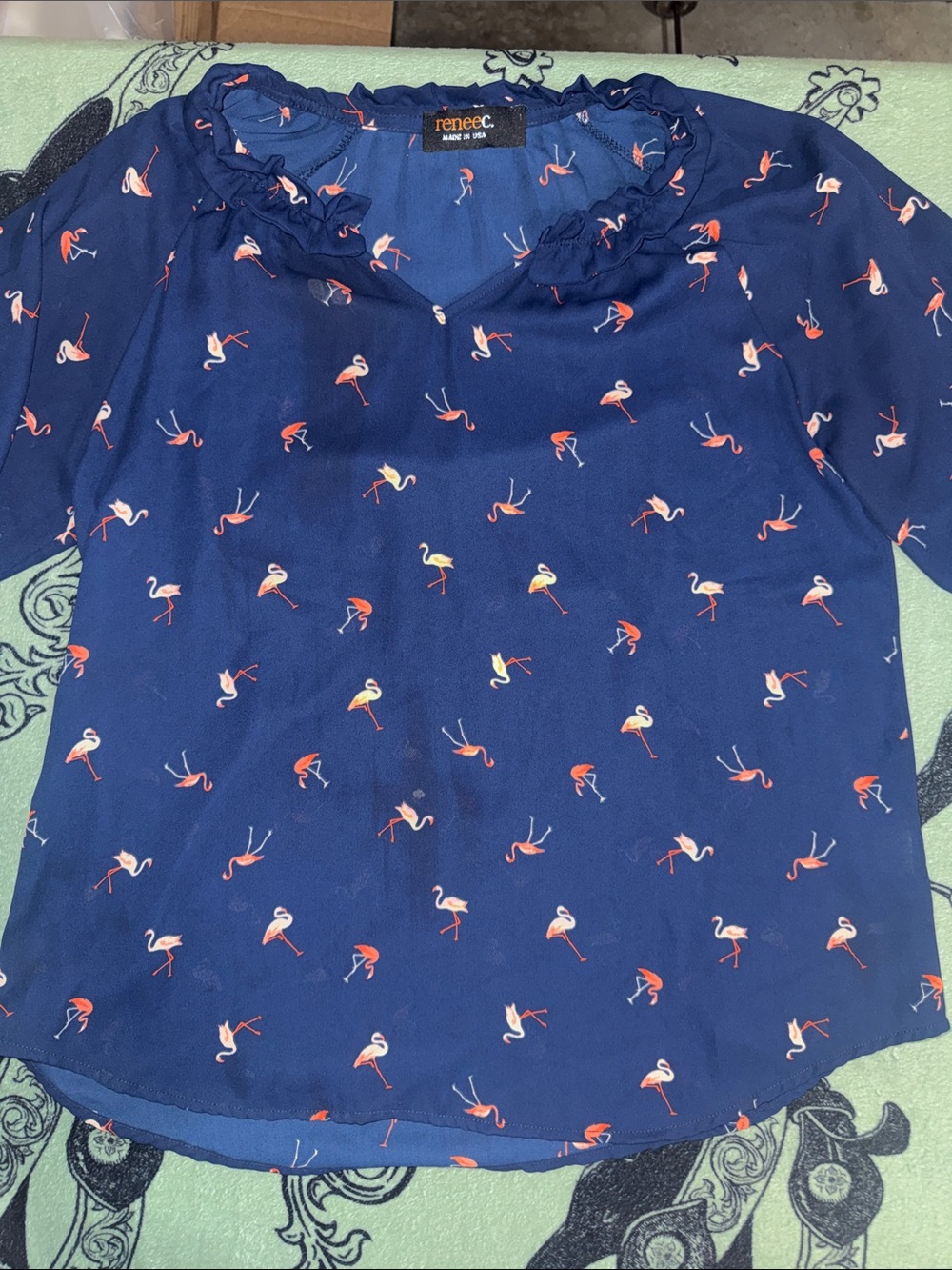 NWOT Renee C. Navy Blouse with Pink & Coral Flamingo Print